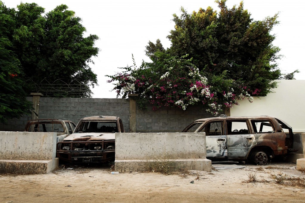 A picture taken on September 10, 2013 shows the wreckage of burnt cars outside the main gate of the US consulate in Benghazi. (Photo: ABDULLAH DOMA/AFP/Getty Images)