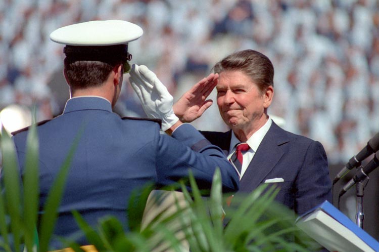 President Reagan salutes an Air Force cadet at the United States Air Force Academy Commencement in Colorado Springs Colorado. (Photo: Ronald Reagan Library)