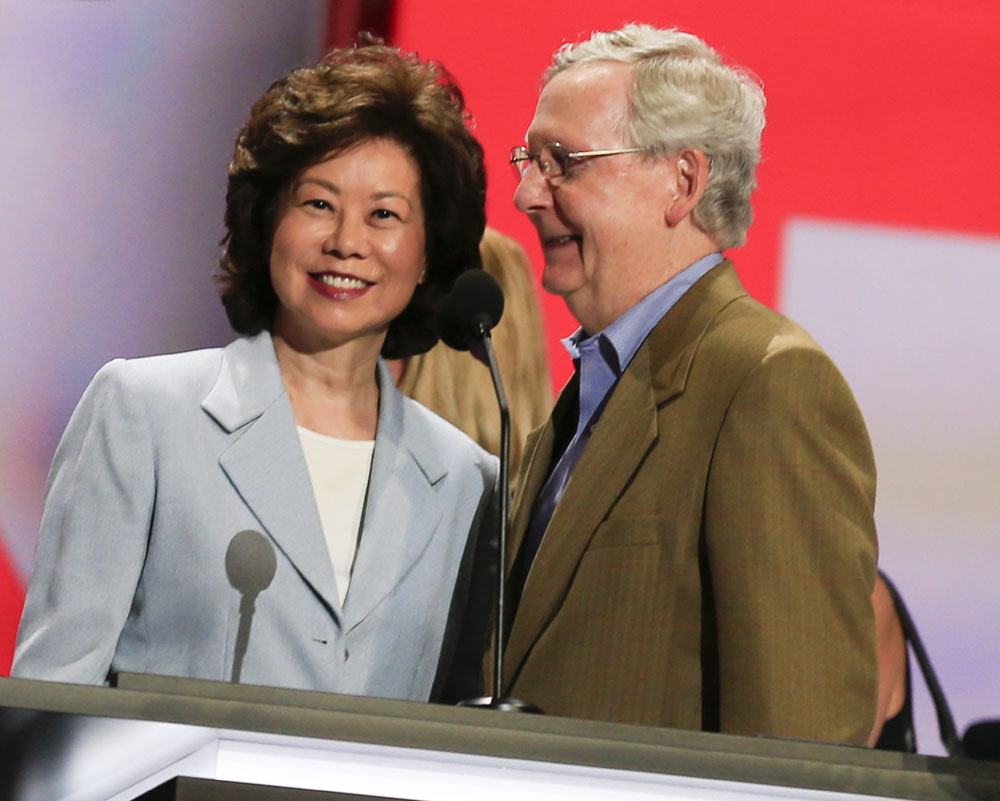 Senate Majority Leader Mitch McConnell, R-Ky., on stage with his wife Elaine Chao at the 2016 Republican National Convention, in Cleveland, Ohio. (Photo: Tannen Maury/EPA/Newscom)