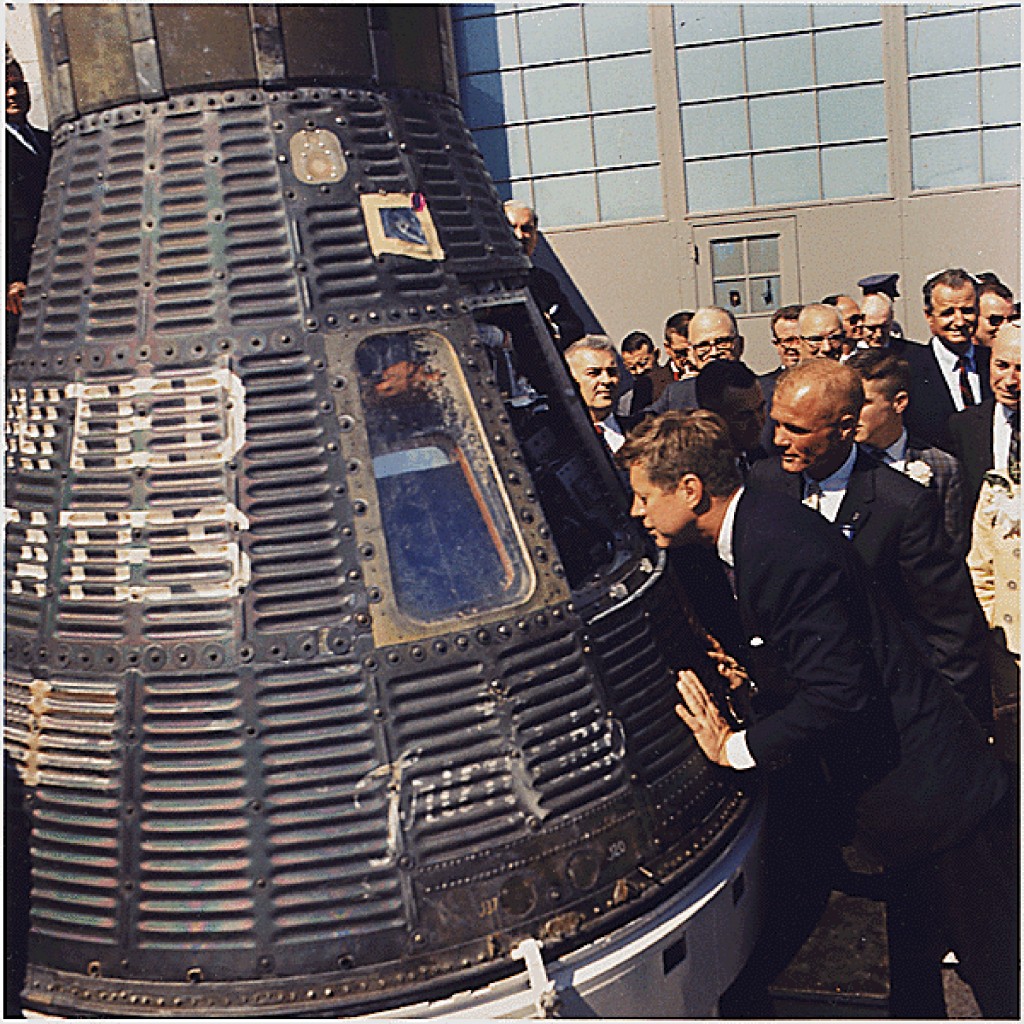 United States President John F. Kennedy inspects interior of the Friendship 7 on February 23, 1962 as he presented the NASA Distinguished Service Medal to Astronaut Glenn. (Photo: Cecil Stoughton/White House via CNP/Newscom)