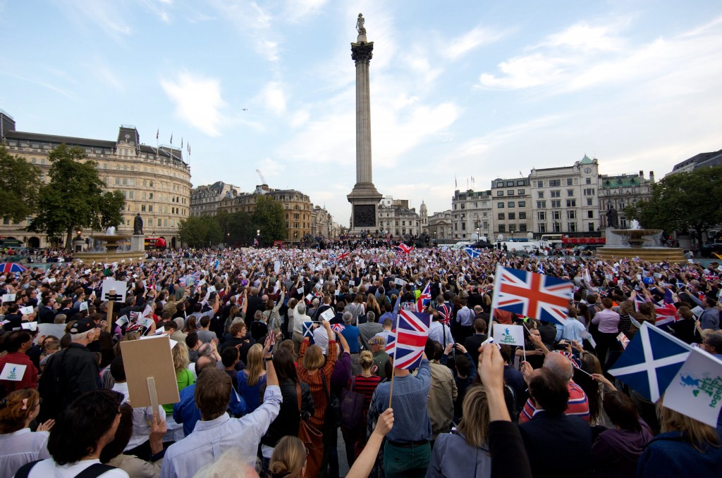 People gather for a rally in favor of the No Vote for Scotland.