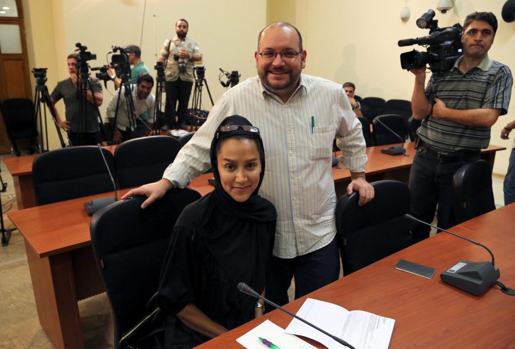 Washington Post Iranian-American journalist Jason Rezaian  and his Iranian wife Yeganeh Salehi during a foreign ministry spokeswoman weekly press conference in Tehran, Iran. (Photo: Stringer/EPA/Newscom)