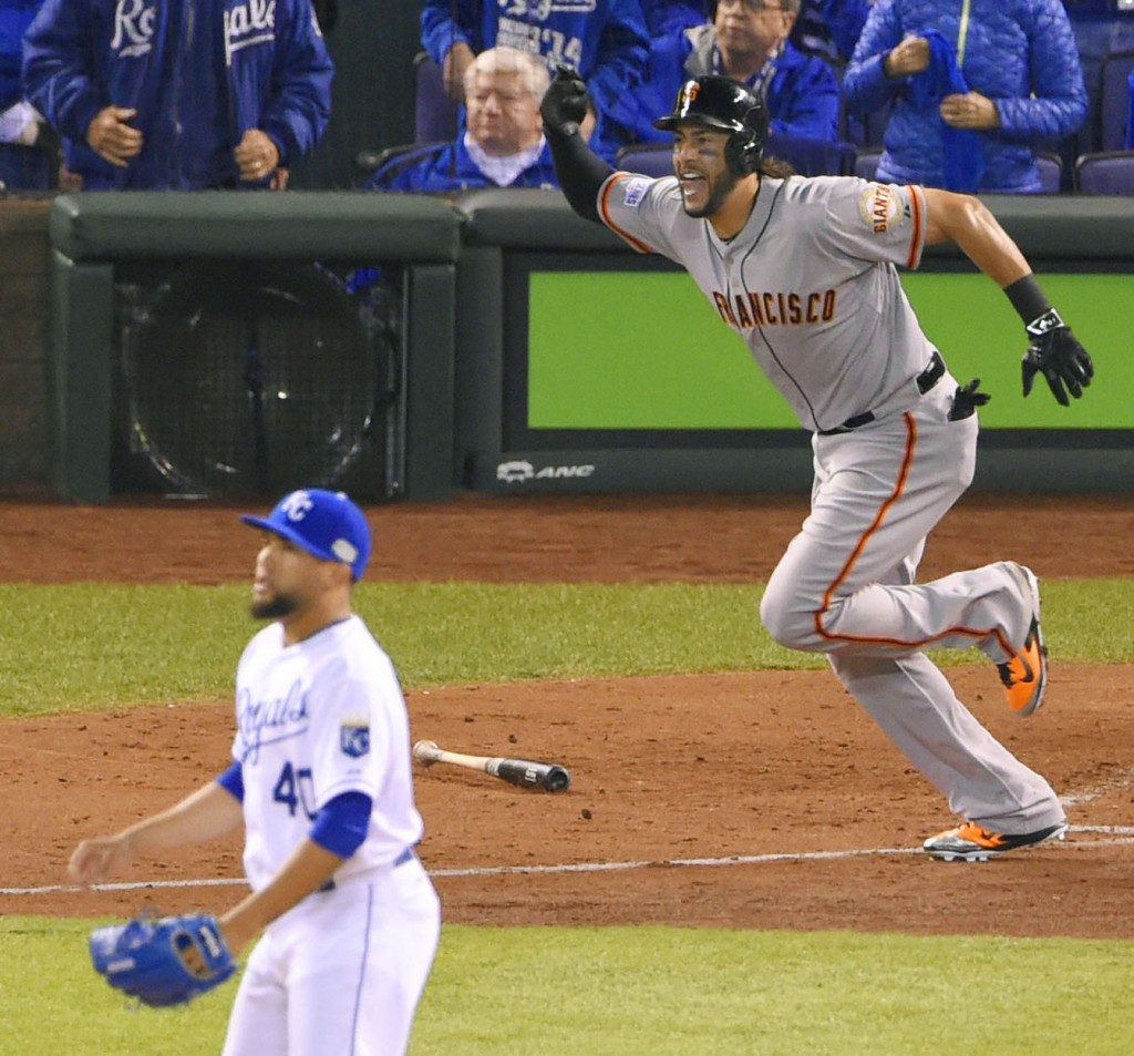 Michael Morse of the San Francisco Giants celebrates after hitting an RBI single in the fourth inning of Game 7 of the World Series against the Kansas City Royals at Kauffman Stadium. (Photo: Kyodo/Newscom)
