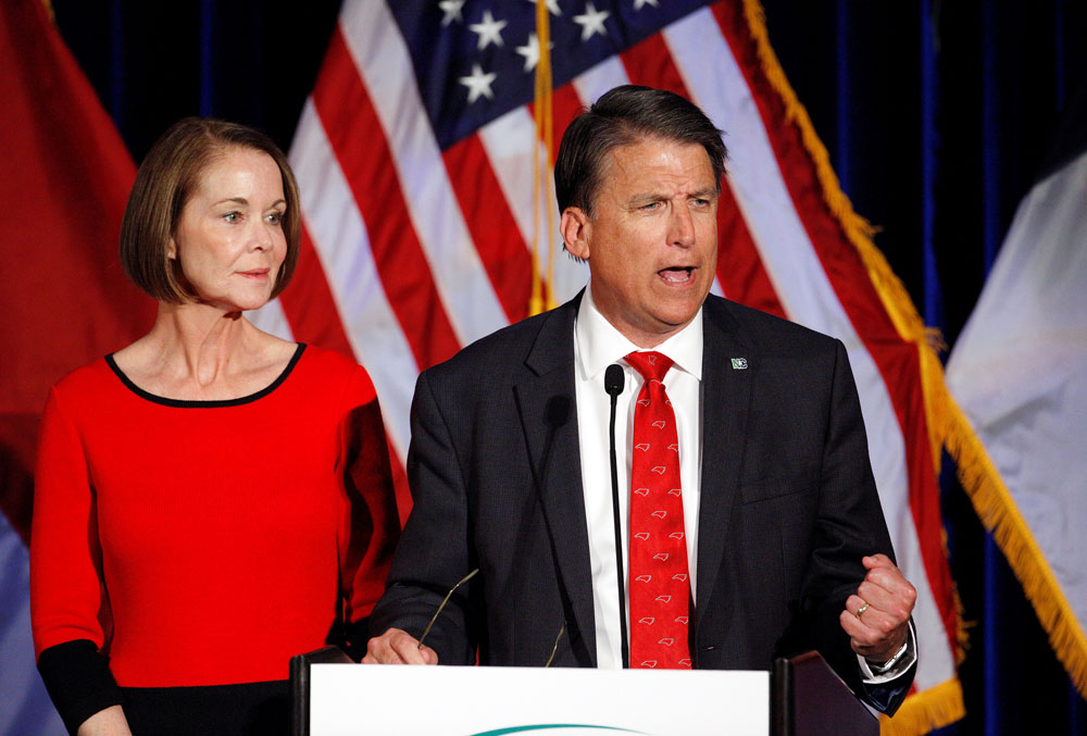 North Carolina Governor Pat McCrory tells supporters that the election results of his contest against Democratic challenger Roy Cooper will be contested, while his wife Ann looks on, in Raleigh, North Carolina on Nov. 9, 2016. (Photo: Jonathan Drake/Reuters)