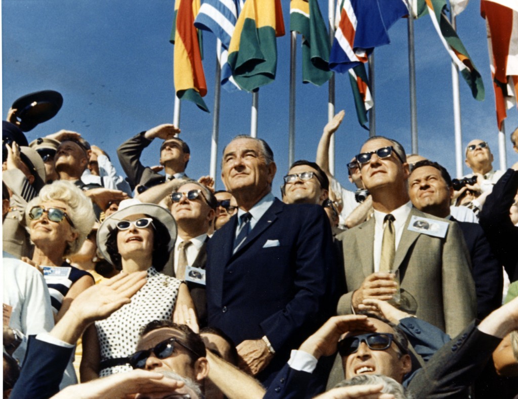 Former President Johnson and former Vice President Spiro Agnew watch the liftoff of Apollo 11 from the Kennedy Space Center, July 16, 1969. (Photo: NASA/KSC)