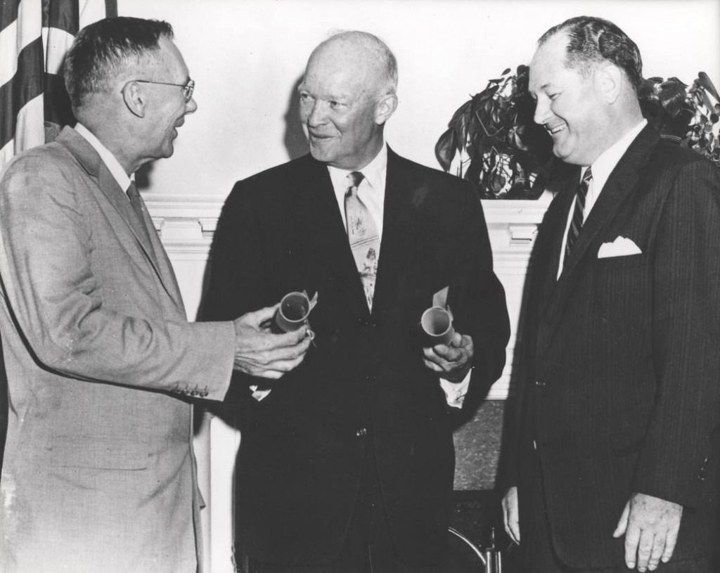 President Eisenhower commissioned Dr. T. Keith Glennan, as the first administrator for NASA and Dr. Hugh L. Dryden as deputy administrator. NASA officially began operations on Oct. 1, 1958, to perform civilian research related to space flight and aeronautics. (Photo: NASA)