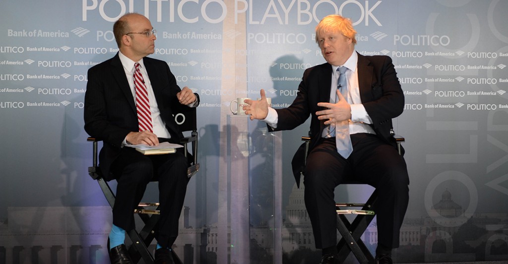 The London Mayor Boris Johnson is interviewed by Mike Allen the chief White House correspondent for Politico in an interview/discussion in front of live audience in Washington, D.C. Feb. 13. (Photo: Andrew Parsons/Polaris)