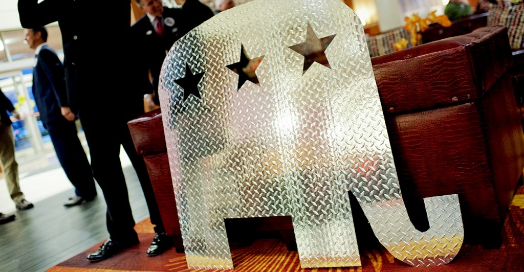 A metal cut out of an elephant sits in the bar of during a party for Kentucky Republicans  in Louisville, Ky., Nov. 4. (Photo: Tom Williams/CQ Roll Call/Newscom)