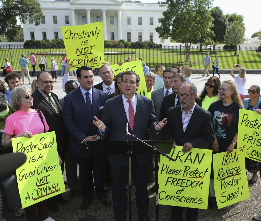 U.S. Senator Ted Cruz delivers his remarks with members of the Christian Defense Coalition in front of the White House in Washington September 26, 2013. The event marked the one year anniversary of Saeed Abedini, (Photo: Gary Cameron/Reuters/Newscom)