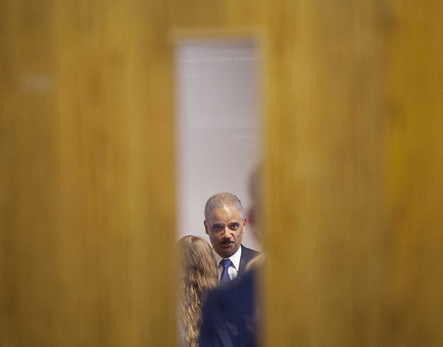 Holder during his closed door meeting with students at St. Louis Community College Florissant Valley. (Photo: Pablo Martinez Monsivais/Newscom)