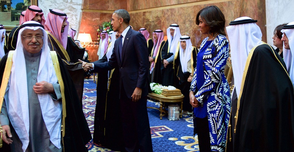 President Obama and First Lady Michelle Obama, joined by the new King Salman of Saudi Arabia, shake hands with members of the Saudi Royal Family at the Erqa Royal Palace in Riyadh, Saudi Arabia. (Photo: State Department/Sipa USA/Newscom)