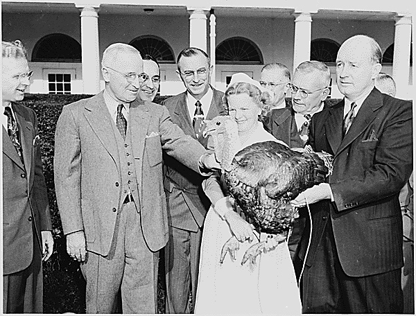President Harry Truman in 1949. Truman sometimes indicated to reporters that the turkeys he received were destined for the family dinner table. (Photo: U.S. National Archives and Presidential Libraries)