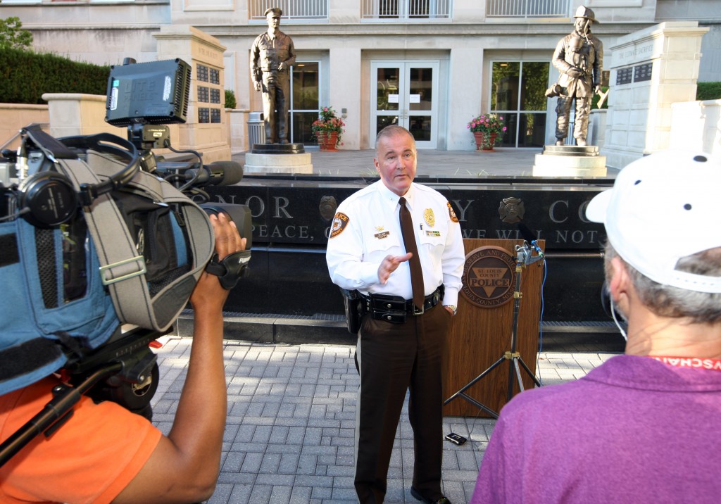 St. Louis County Police Chief Jon Belmar briefs reporters on the recent shooting during a riot on August 12.