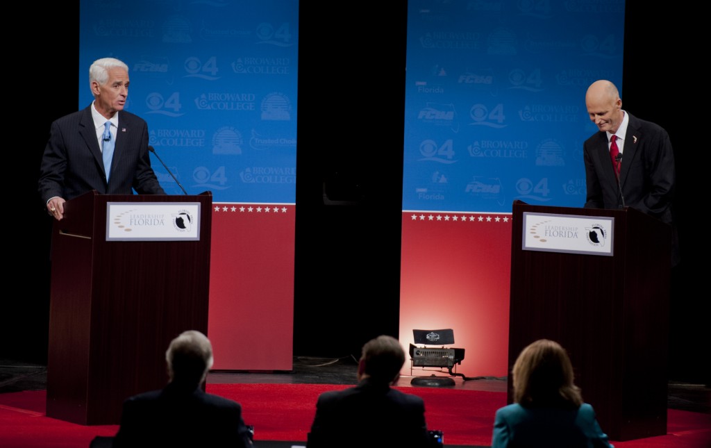 Former Democratic Governor Charlie Crist and Florida Governor Rick Scott debate at Broward College in Davie, Florida,  October 15, 2014. (Photo: Gary I Rothstein/Newscom)