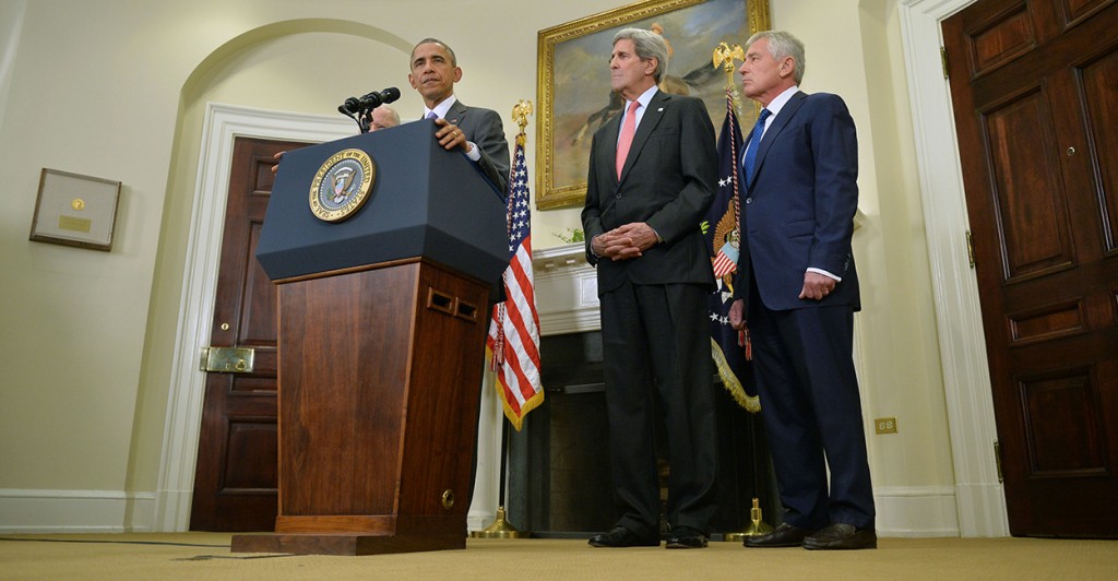 President Barack Obama speaks on requesting Congress to authorize military action against ISIS, at the White House in Washington, D.C. on Feb. 11, 2015. Obama was joined by Secretary of State John Kerry and Secretary of Defense Chuck Hagel. (Photo: Kevin Dietsch/UPI/Newscom)