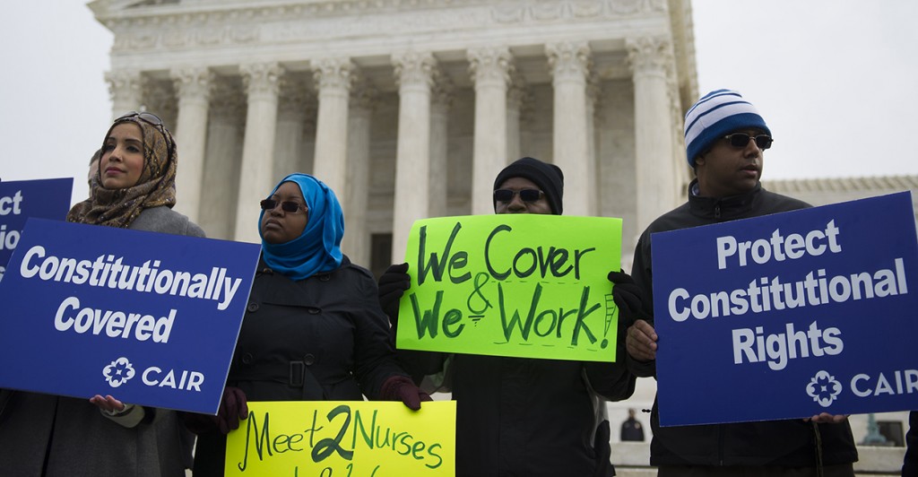 Supporters from The Council on American-Islamic Relations demonstrate outside the U.S. Supreme Court after the court heard oral arguments in EEOC v. Abercrombie & Fitch at the U.S. Supreme Court in Washington, D.C. on Feb. 25, 2015. (Photo: Kevin Dietsch/UPI/Newscom)