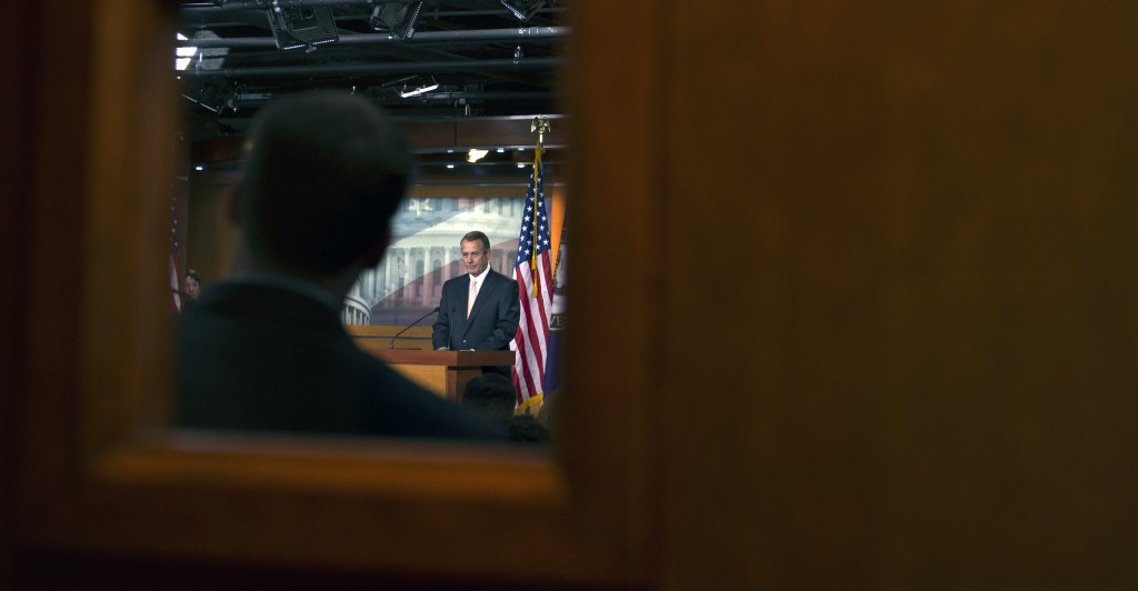 Speaker of the House John Boehner, R-Ohio, speaks on the ongoing DHS funding debate on Capitol Hill Feb. 26, 2015. (Photo: Kevin Dietsch/UPI/Newscom)