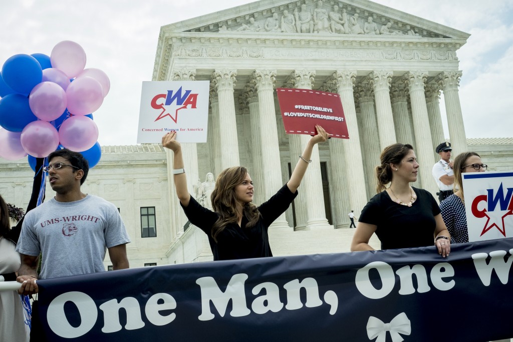 Traditional marriage proponents in front of the United States Supreme Court in Washington, D.C., on June 26, 2015. (Photo: Pete Marovich/UPI/Newscom)