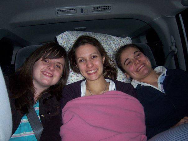 With two of my college friends, late at night as we drove to San Francisco sophomore year for the pro-life Walk for Life held annually. Each year, many students at my college made the trek to attend the walk. (Photo: Courtesy of Katrina Trinko)