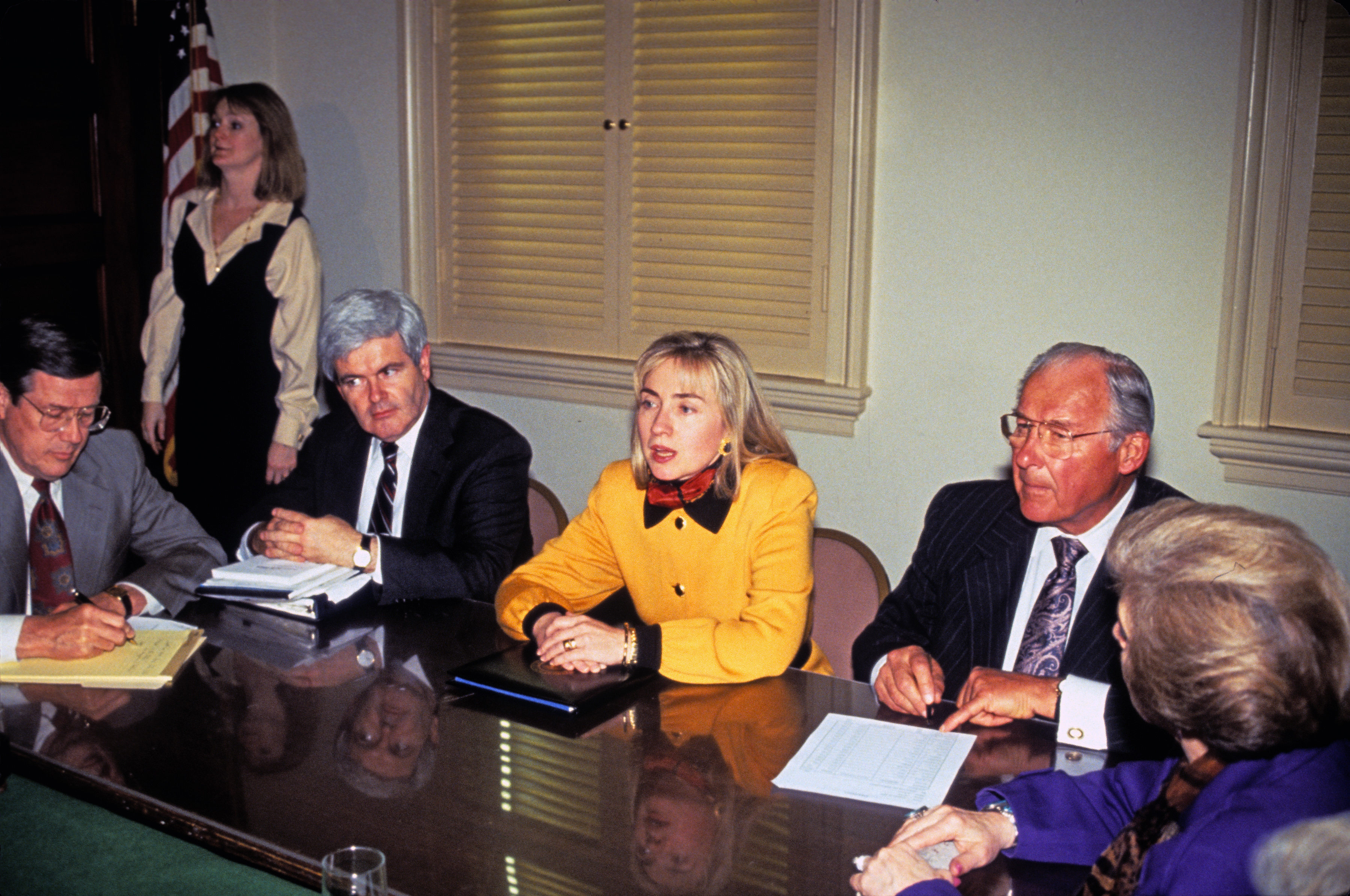 Clinton meets with United States House Minority Leader Robert H. Michel, right, and U.S. House Minority Whip Newt Gingrich, left, in the U.S. Capitol in Washington, D.C. on February 16, 1993. (Photo: Brad Markel/ZUMA Press/Newscom)