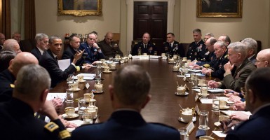President Barack Obama and Vice President Joe Biden hold a meeting with Combatant Commanders and Military Leadership in the Cabinet Room of the White House. 