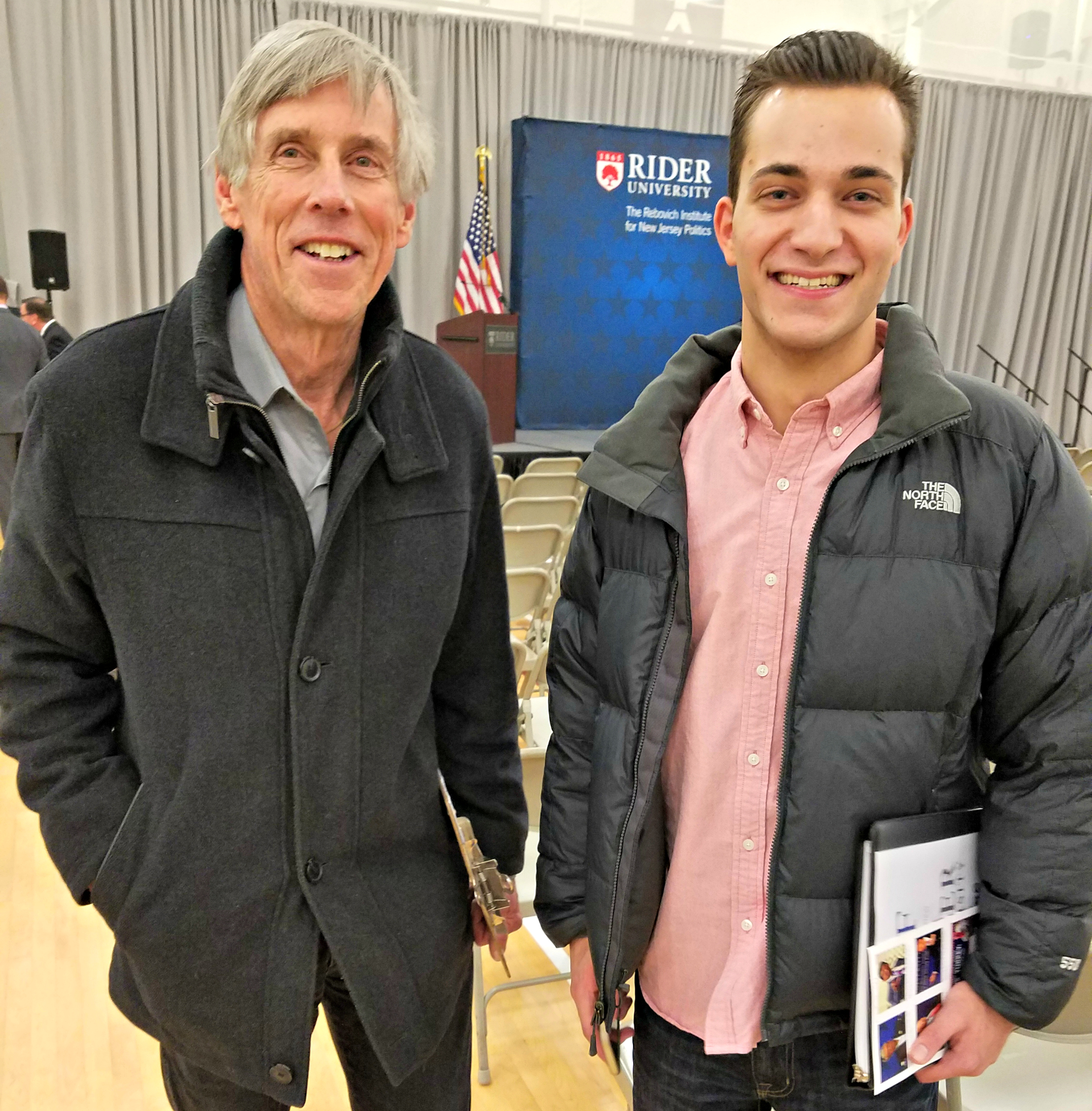 Tom Simonet, a professor of journalism at Rider University, after the Gingrich speech with journalism major Brandon Scalea from Marlboro, New Jersey. (Photo: Kevin Mooney/The Daily Signal) 