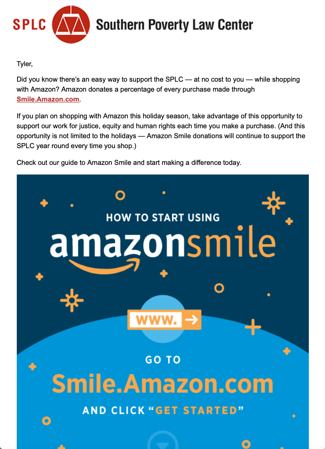 Southern Poverty Law Center Amazon Smile email screenshot