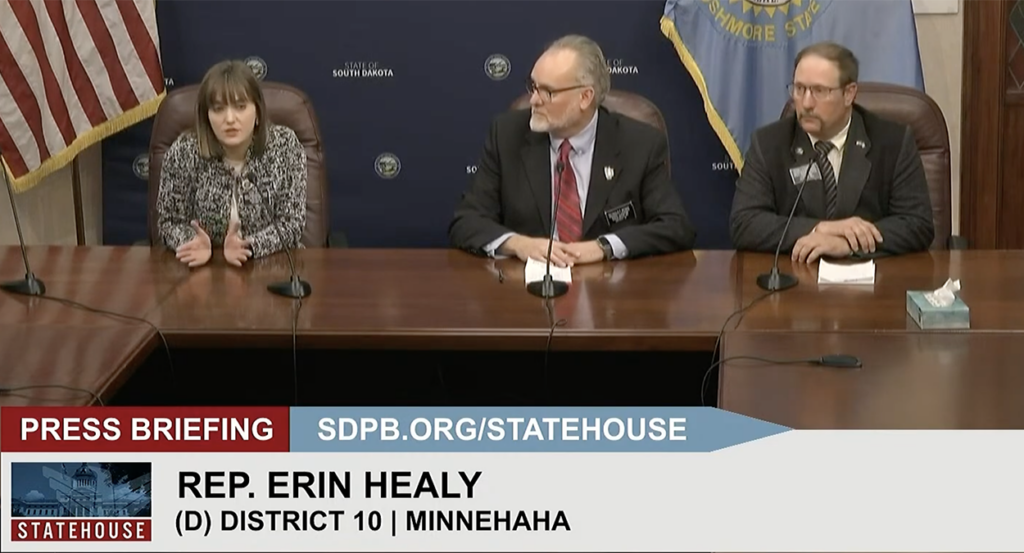 South Dakota State Rep. Erin Healy speaks in a press briefing