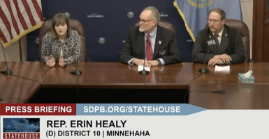 South Dakota State Rep. Erin Healy speaks in a press briefing