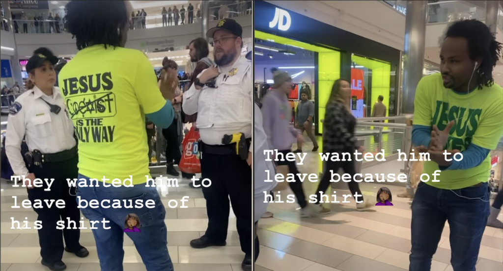 Black man in yellow Jesus Saves t-shirt