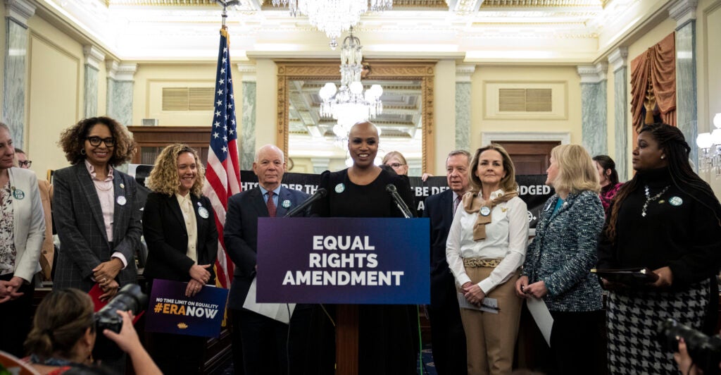 Democrats behind an Equal Rights Amendment banner