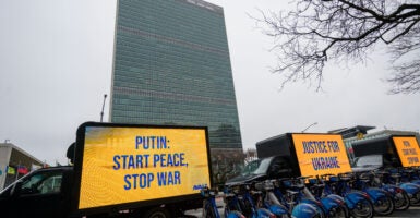 A view of United Nations headquarters marking the first anniversary of the war in Ukraine on Feb. 23, in New York City.