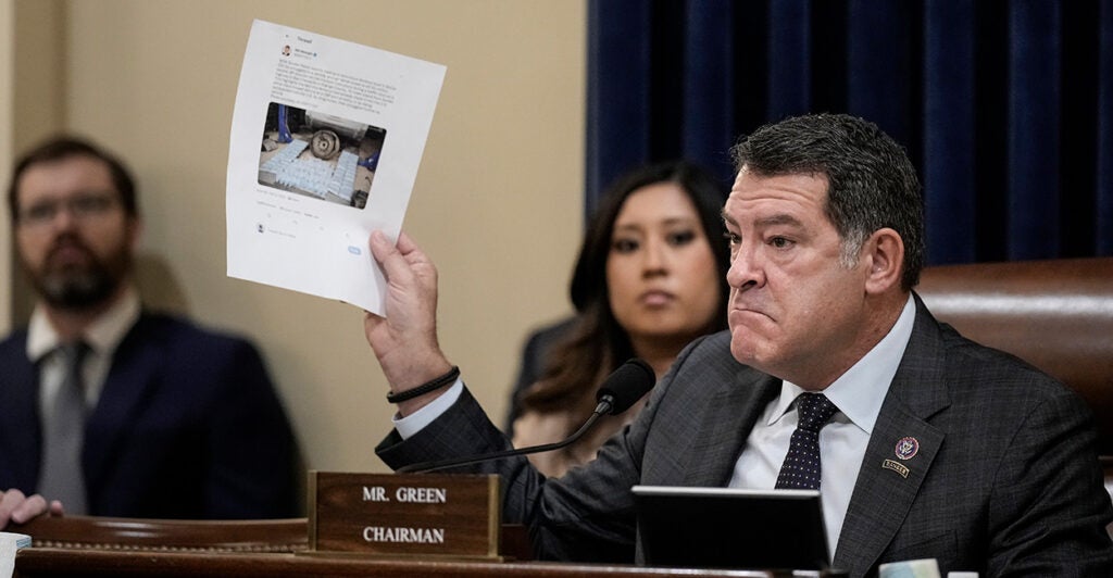 Rep. Mark Green looks upset while speaking during a congressional hearing