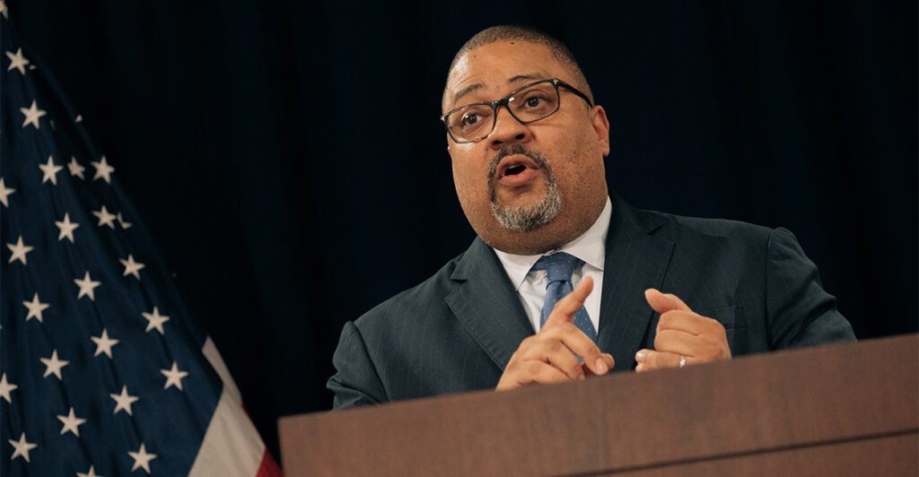 Manhattan District Attorney Alvin Bragg speaks during a press conference