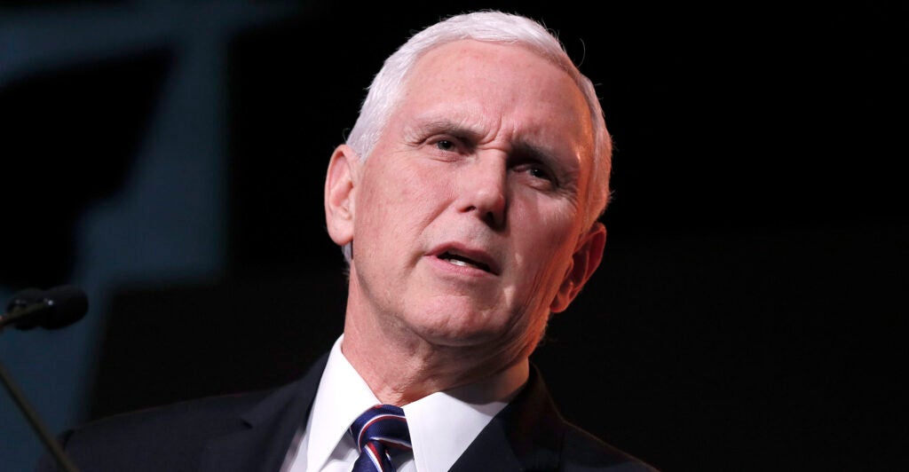 Former Vice President Mike Pence is accusing the Los Angeles Dodgers of "welcoming anti-Catholic bigots" to its stadium with "open arms." Pictured: Pence speaks at the Save the Storks 2nd Annual Stork Charity Ball at the Trump International Hotel on January 17, 2019 in Washington, DC. (Photo by Paul Morigi/Getty Images for Save the Storks)