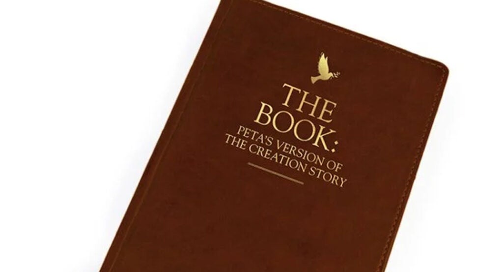 PETA Bible cover reading "The Book: PETA's Version of The Creation Story"