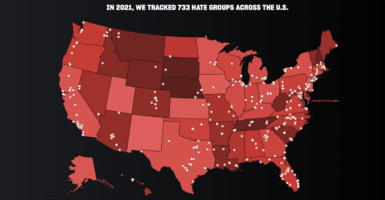 A red map of the United States plotting organizations branded 