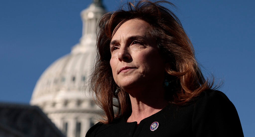 Lisa McClain in black with a congressional pin looks out in front of the Capitol building