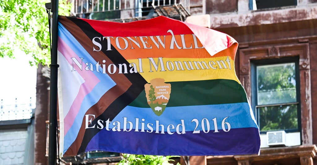 Rainbow flag in front of brick building