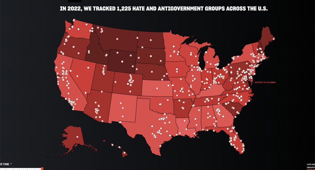 A red map of the United States plotting organizations branded "hate groups" by the Southern Poverty Law Center