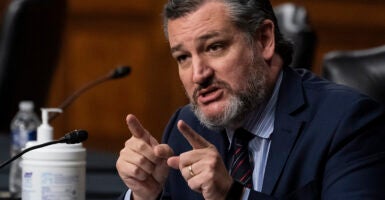 Ted Cruz in a blue suit points while making an argument in the Senate.