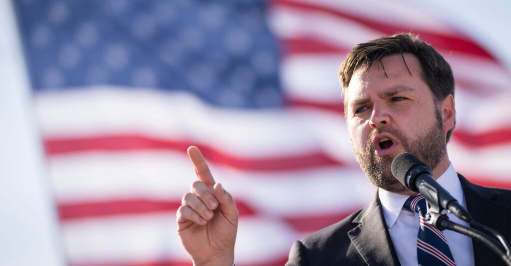 A far-left, pro-transgender group is attacking legislation put forward by Republican Ohio Sen. JD Vance that would protect the innocence of children by banning euphemistic "gender-affirming care" for children, such as transgender surgeries and hormones. Pictured: J.D. Vance, a Republican candidate for U.S. Senate in Ohio, speaks during a rally hosted by former President Donald Trump at the Delaware County Fairgrounds on April 23, 2022 in Delaware, Ohio. Last week, Trump announced his endorsement of J.D. Vance in the Ohio Republican Senate primary. (Photo by Drew Angerer/Getty Images)