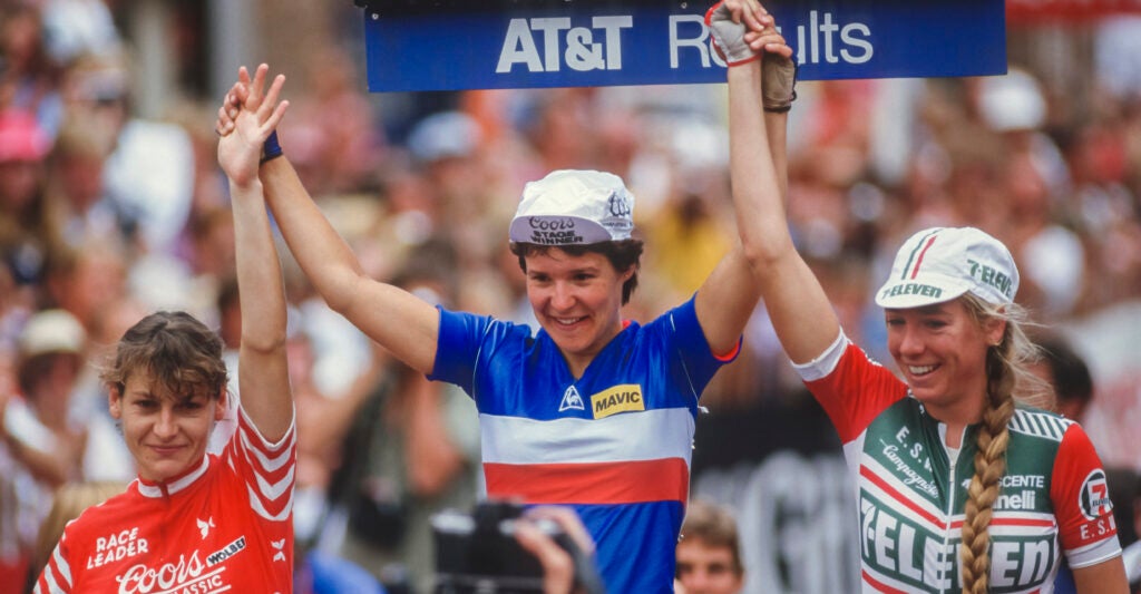 An international cycling union has formally banned biological men who identify as transgender women from competing in women's events. Pictured: Jeannie Longo of France (second place), Valerie Simmonet of France (first place) and Inga Thompson of the USA and 7-Eleven team (third place) celebrate on the podium following the Vail Criterium stage of the 1985 Coors International Bicycle Classic on August 11, 1985 in Vail, Colorado. (Photo by David Madison/Getty Images)