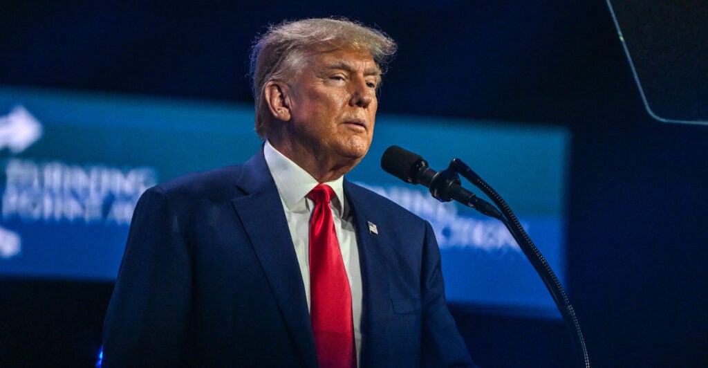 Former US President and 2024 presidential hopeful Donald Trump speaks at the Turning Point Action USA conference in West Palm Beach, Florida, on July 15, 2023. (Photo by GIORGIO VIERA / AFP) (Photo by GIORGIO VIERA/AFP via Getty Images)