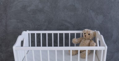 teddy bear in empty crib