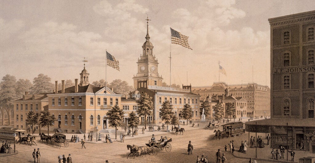 Painting of people and carriages in the 1700s outside a depiction of Independence Hall in Philadelphia.