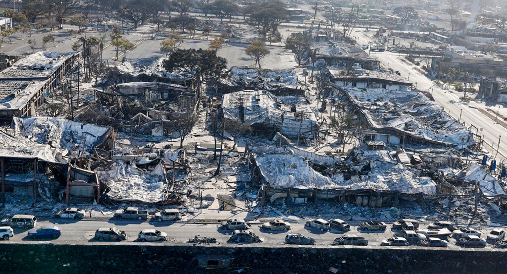 Buildings and cars burned out in Lahaina, Maui, Hawaii