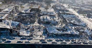 Buildings and cars burned out in Lahaina, Maui, Hawaii