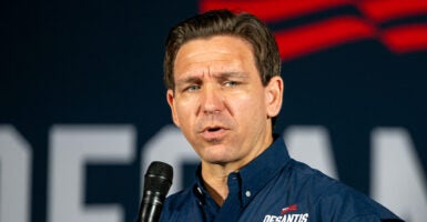 Ron DeSantis holds a microphone and speaks in a dark purple shirt