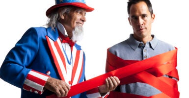 Uncle Sam figure wrapping a citizen in red tape.